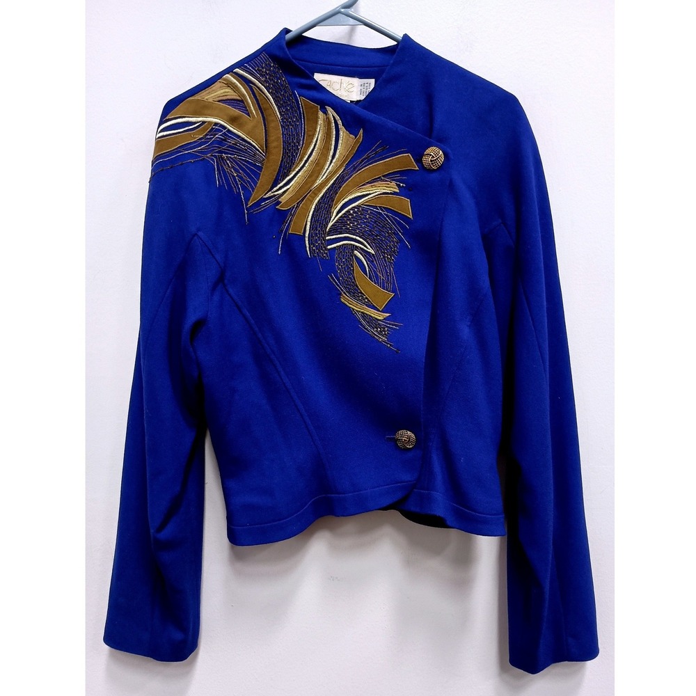 Cache Vintage 90s Jacket Womens 12 Blue Wool Beaded Luxury Wearable Art Blazer